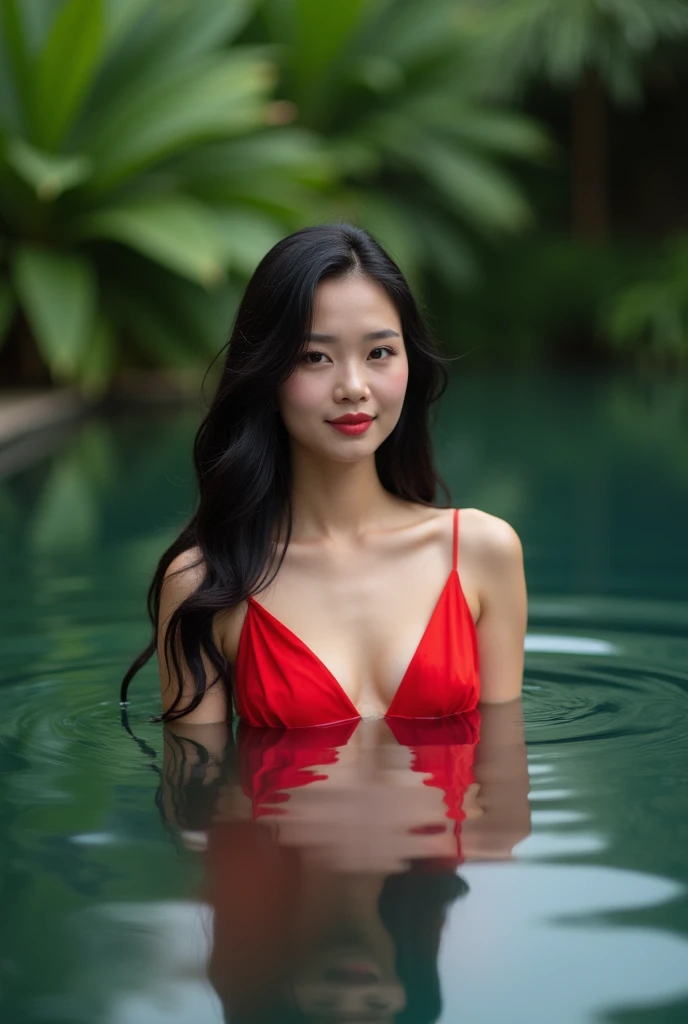 Beautiful white skin Thai girl in a red dress, soaking in a pool. Full body realistic photo.