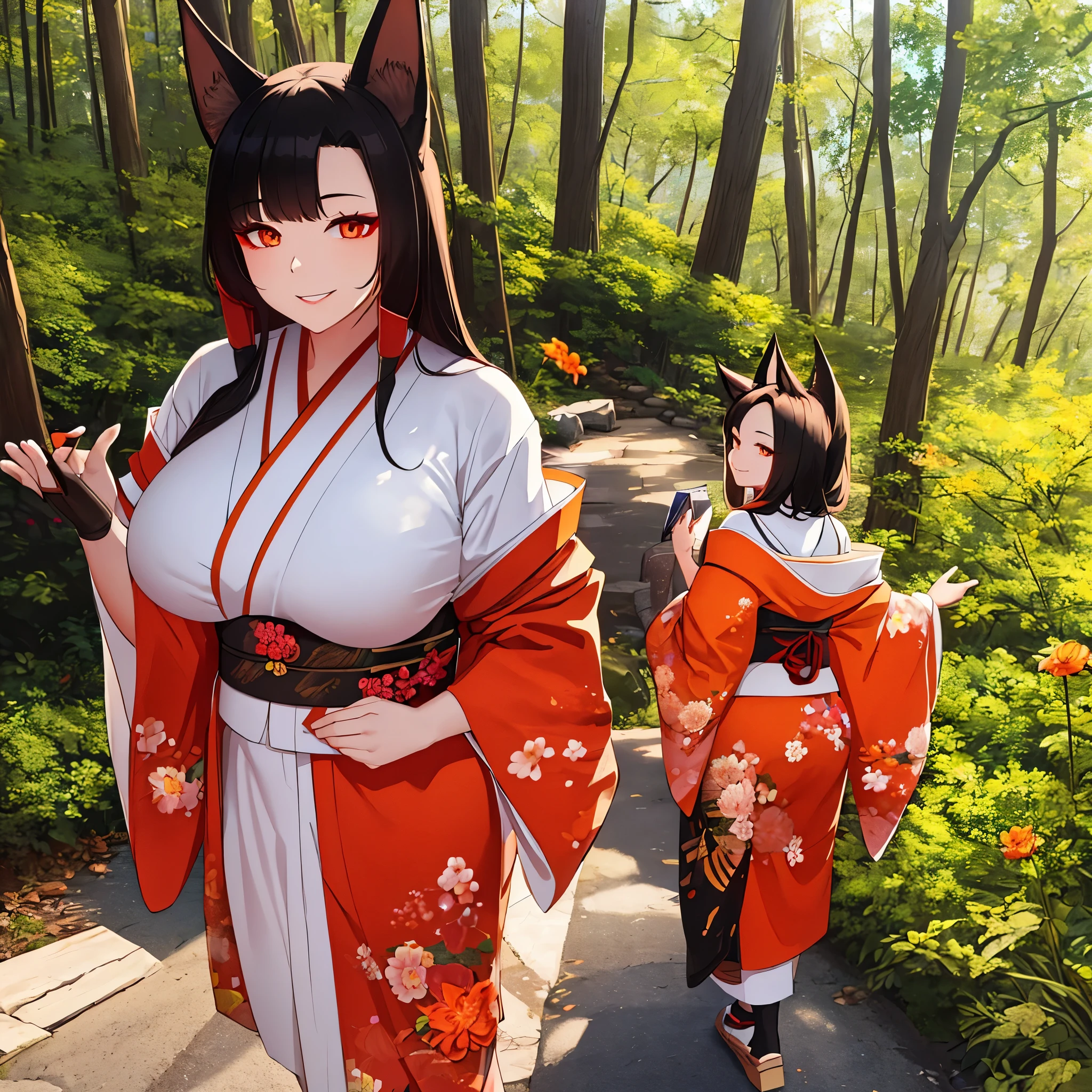 A woman wearing a white kimono with drawings of autumn flowers, walking on a walk in a forest in the autumn period, Japanese shoes, orange eyes, black hair, kitsune ears, kitsune tails, multi-tails,Perfect eyes, perfect lips, perfect arms, perfect fingers, smiling, big breasts, posture standing, daytime location, a view of the forest, background with orange filter,.UHD , prime work , accurate , anatomically correct , textured skin , super details , high quality , best quality, 8k, high resolution, bokeh effect. (woman solo)
