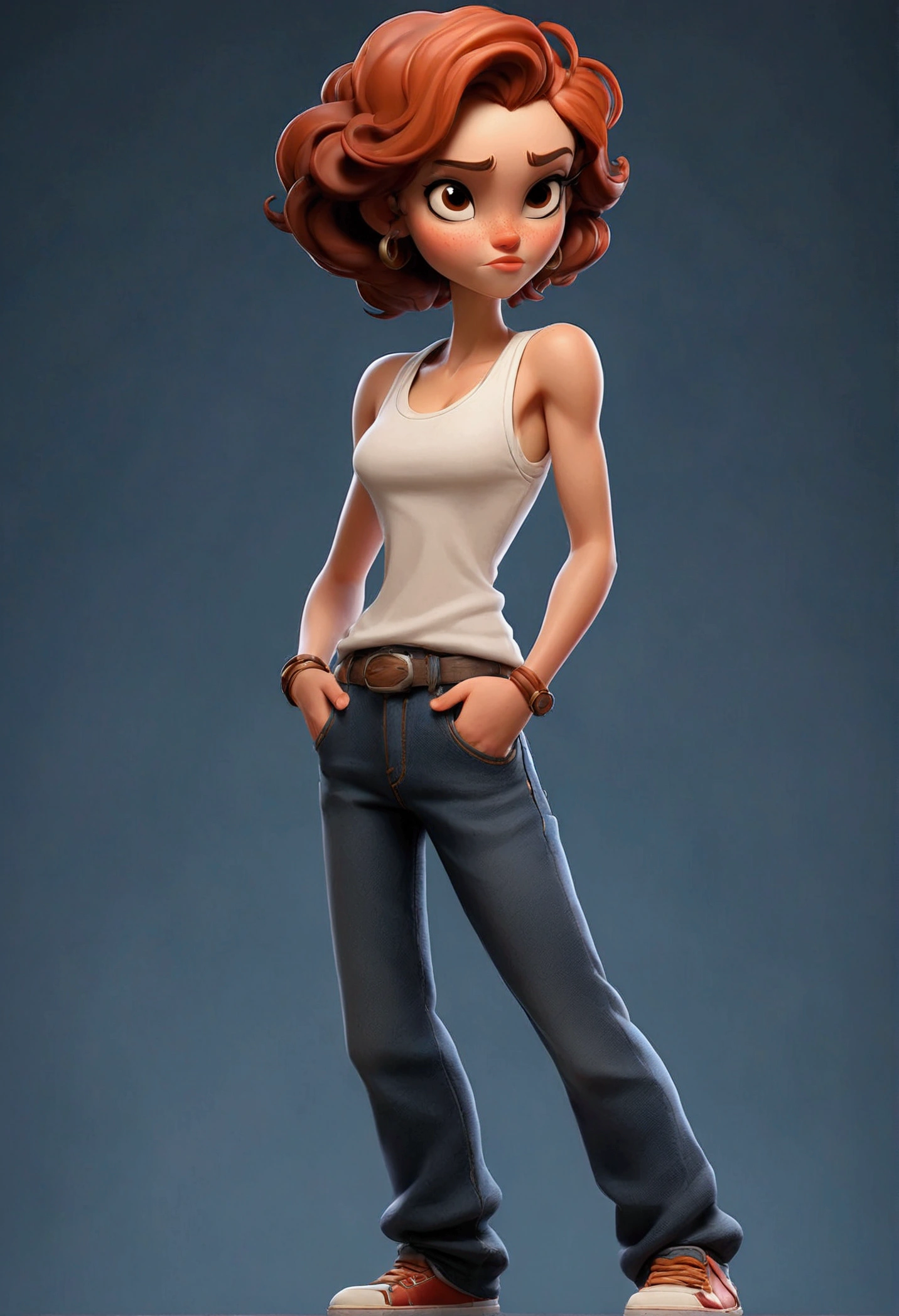 ｛Cartoon full body figure｝、Same person、Standing posture from head to feet、Tank top、jeans