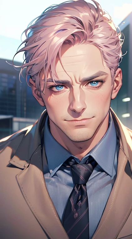 (best quality,4k,8k,highres,masterpiece:1.2),ultra-detailed,(realistic,photorealistic,photo-realistic:1.37),1 man,3,mature man,very handsome,without expression,smile,short grey pink hair,blue eyes,penetrating gaze,perfect face without errors,imposing posture,businessman,office background,cinematic lighting,hdr image