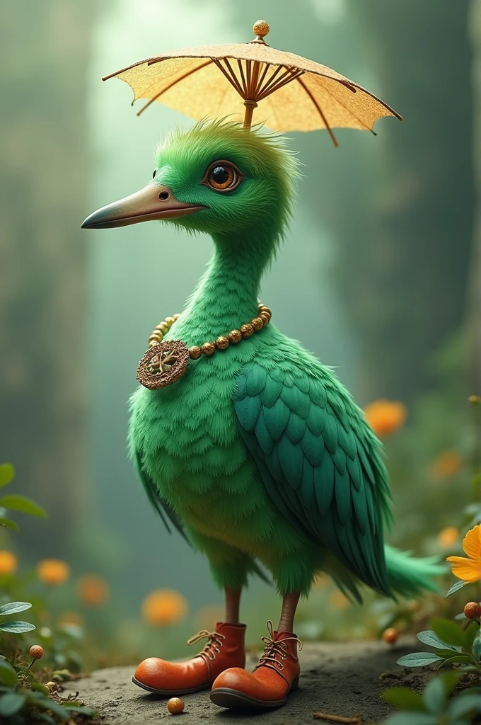Imagine a bird with green fur, a long neck, a long beak, a little umbrella on its head, funny shoes and a ring on its neck.