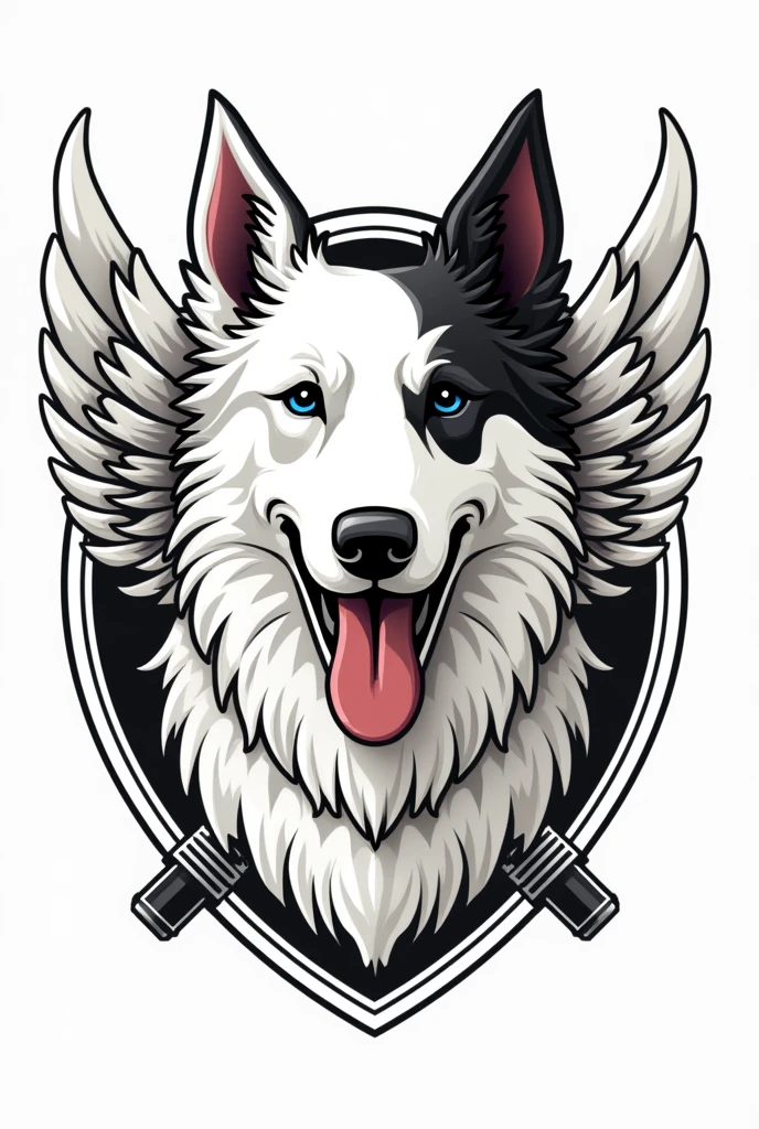 I need a coat of arms for a motorcycle club with a white border colie dog with a black left ear and a badge in the middle but only his bust, with small wings coming out from behind him on the sides, and two crossed pistons coming out of the bottom of the dog's head