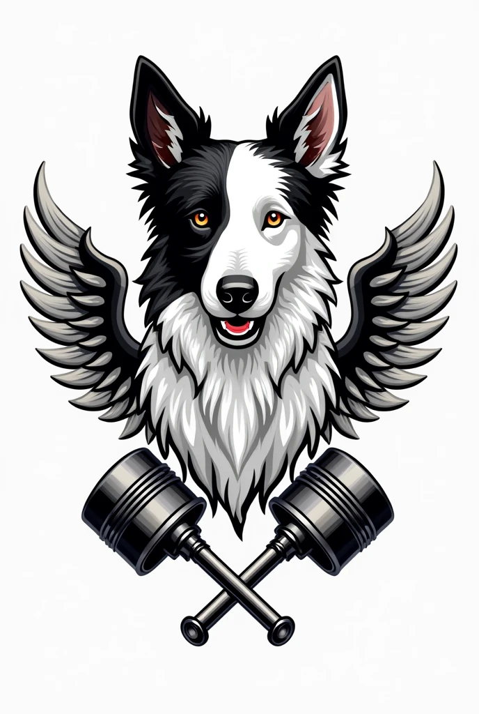 I need a coat of arms for a motorcycle club with a white border colie dog with a black left ear and a badge in the middle but only his bust, with small wings coming out from behind him on the sides, and two crossed pistons coming out of the bottom of the dog's head