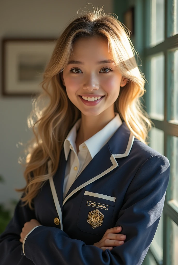 masterpiece, best quality, highres, female, 1girl, blonde, elizabeth olsen face, wearing indonesian high school uniform, smile, dynamic pose, good hand angle