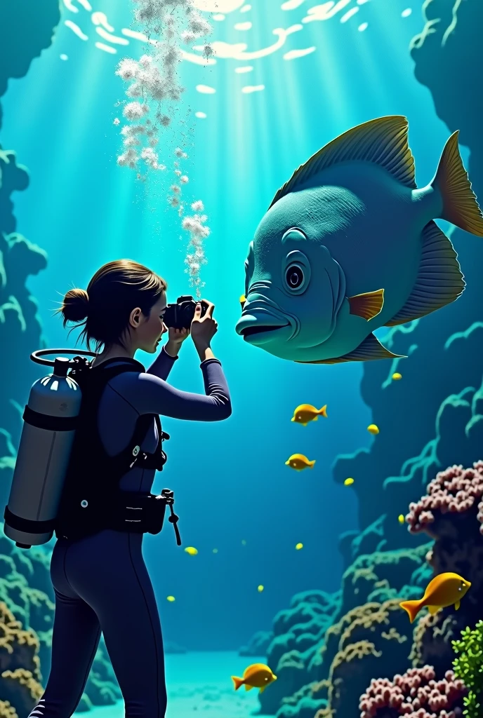 A girl diving with all her equipment takes a picture of a big fish with her underwater camera that has two lamps on each side to illuminate the scene