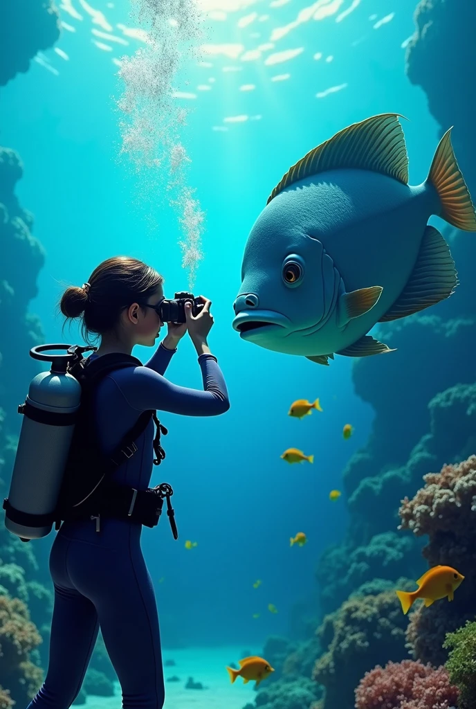 A girl diving with all her equipment takes a picture of a big fish with her underwater camera that has two lamps on each side to illuminate the scene