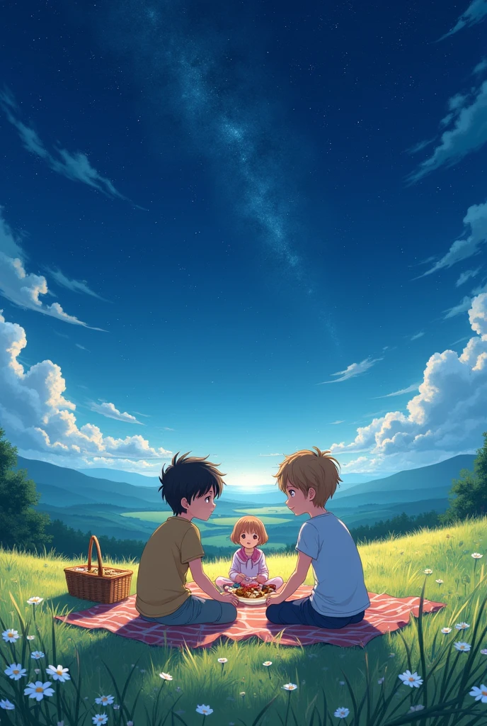 A picture of 2 boys and 1 girl having a picnic in the fields under the stars anime
