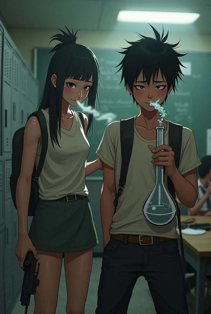 Bad thai studen smoking weed with bong in thai school with friend and have gun