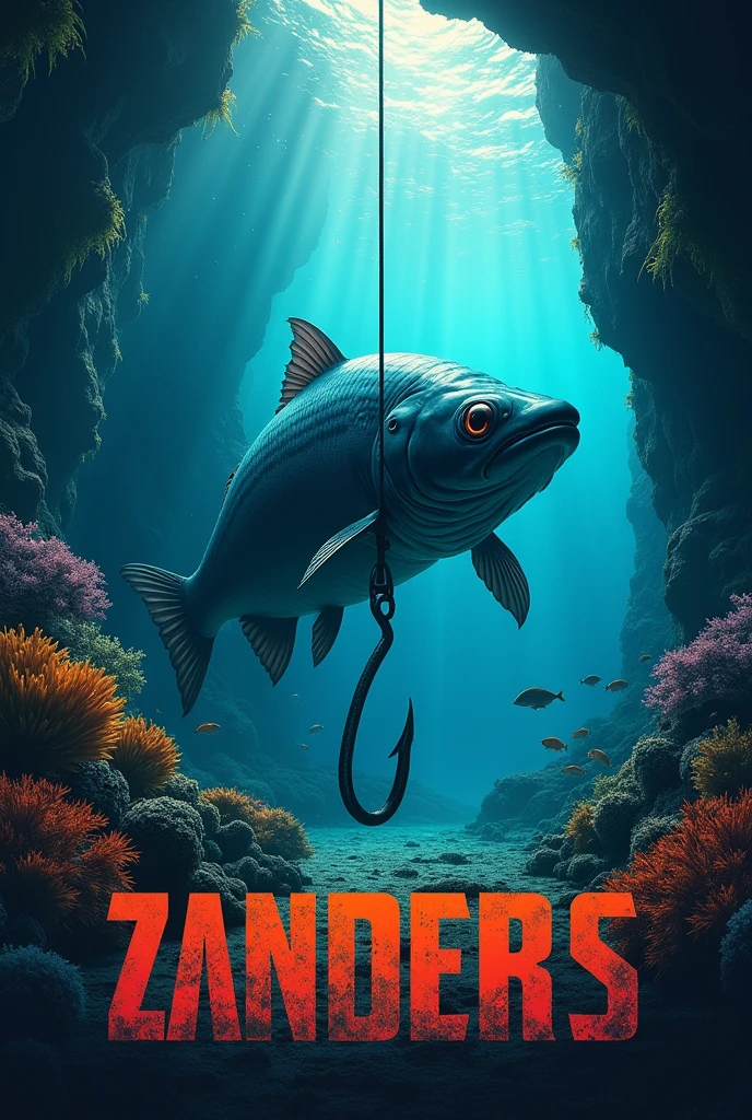 Create a cinematic poster featuring (big fish underwater),(best quality,ultra-detailed,realistic),the fish is looking at fishing hook ,At the bottom of the poster, place the text "It's obvious" in large, bold, distressed letters, underwater photography,clear blue water,lush underwater plants,colorful coral reefs,tropical fish swimming gracefully,big zander fish lurking in the shadows,sparkling sunlight piercing through the water surface,scattered bubbles adding a sense of movement,dimly lit underwater cave in the background,vibrant colors illuminating the scene,faint rays of light enhancing the mystery and beauty of the underwater world,