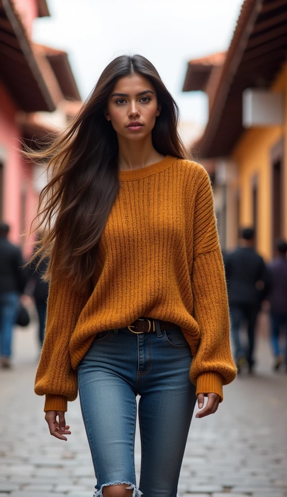 a beautiful woman of 22 years, long hair with ripped bell bottoms and knitted sweater walking through the plaza of Cuzco, Peru, photo,