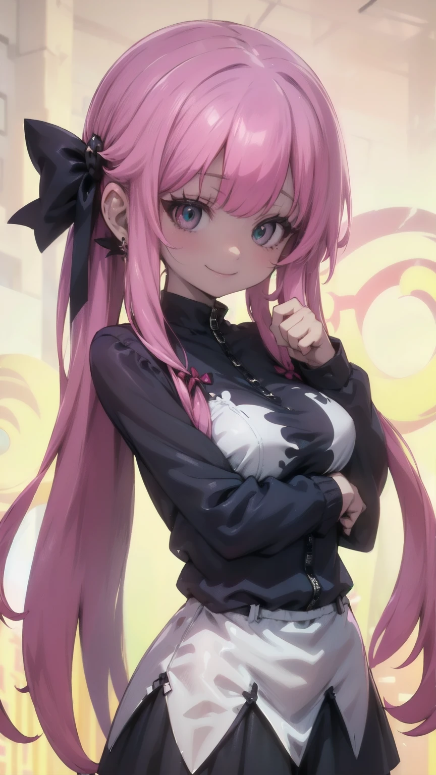 CG K Ultrarealistic ,((premium、8k、32K、masterpiece)), (superfine illustration)、(super high resolution), (((adult body))), (masterpiece, Best Quality:1.2),a beautiful cheerful girl, smiling, happy playful pose, anatomically correct ,Skin details processing....,The eyes are finely described....,delicate hair,Long red wavy hair:1.5,long light hair,She has a big bow on her head...,black sweater,white dots,Skirt,green,clean background