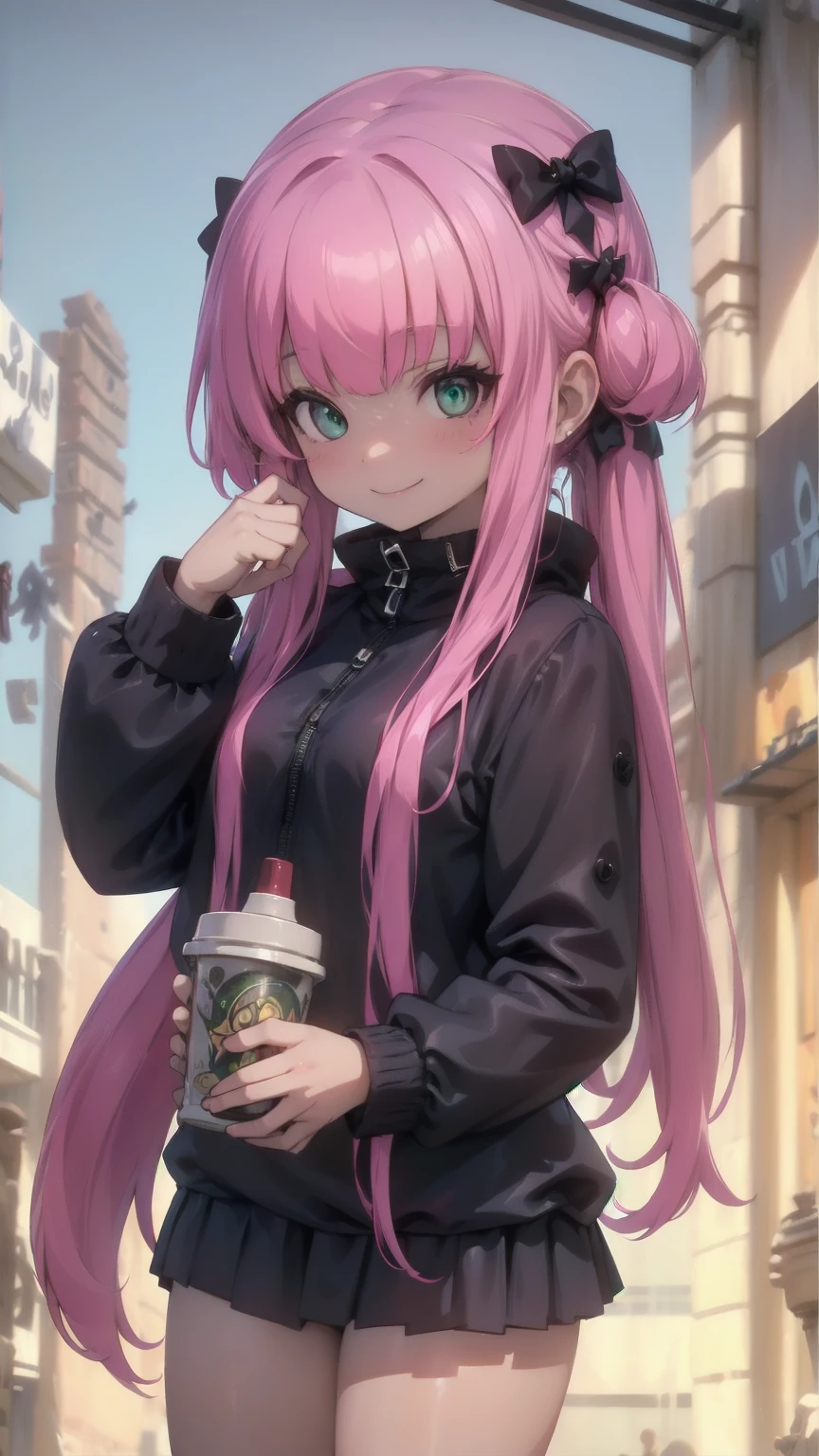 CG K Ultrarealistic ,((premium、8k、32K、masterpiece)), (superfine illustration)、(super high resolution), (((adult body))), (masterpiece, Best Quality:1.2),a beautiful cheerful girl, smiling, happy playful pose, anatomically correct ,Skin details processing....,The eyes are finely described....,delicate hair,Long red wavy hair:1.5,long light hair,She has a big bow on her head...,black sweater,white dots,Skirt,green,clean background