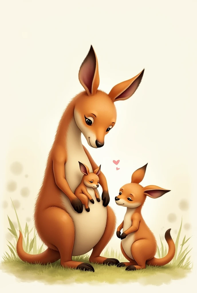 Mother kangaroo with baby in her pouch and father kangaroo next to her. Tender watercolor style