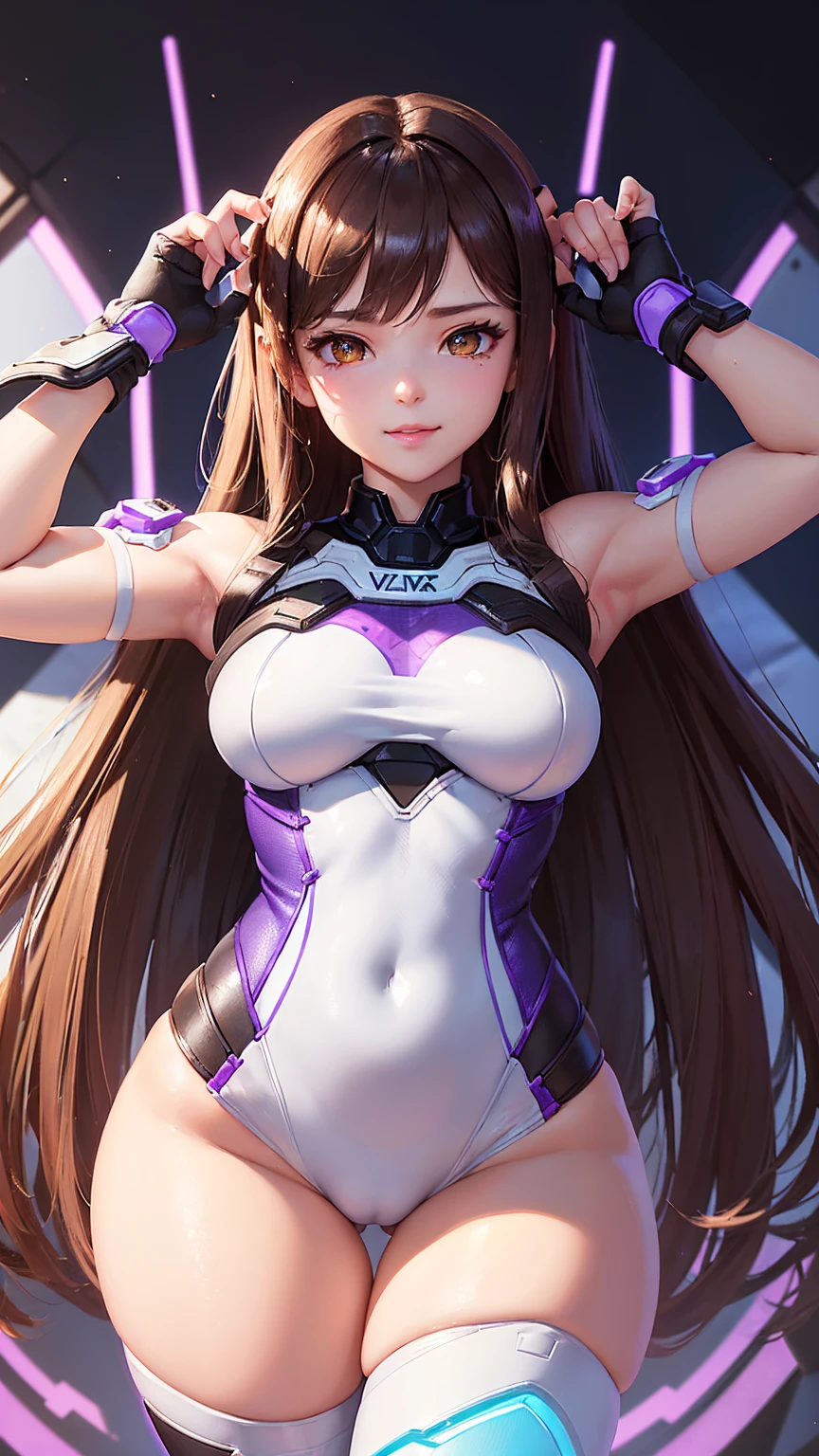 (masterpiece), (best quality), (intricate details), high resolution, visually stunning, sidelighting, (((amber eye colour which glow)), deep shadow, nothing but white background, (Dva from overwatch), (wearing a jumpsuit which is predominantly light blue, with a bit of black and purple on the sides), brown hair, heart-shaped pupils, , innocent smile, cinematic lighting, sparkle, ray tracing, backlighting, ((super shiny face)), thick thighs with skinny body, winking,