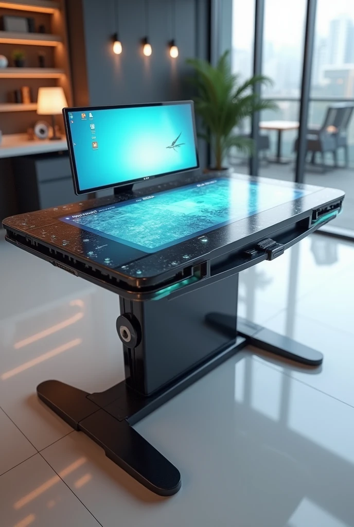 Foldable table with computer screen on the first layer of the table
futuristic tabble
-tabble can be screen cayse have 2 layer that can combine
-have a touch screen feature
-can connect to wifi
-can just write using hand to do homework
-can be fold up to easily watch a tv
-water proof
-just plug in the electricity to charge it
-the screen made out of very durable hight quality glass that resistant to cracking and chipping
-the body made out of stainless steel and aluminium to make it lighter but stronger
-have a speaker so cam hear the video that you open
-the app that you open can be minimize so you can open multiple app
-have 1 tera of storage
-tabble size (120x60x76 cm) like an average tabble size
-can customize colour or can even choose own wallpaper
-suitable for workers and students
-doesn’t need installation
-from rm7k
-it might be a little bit expensive but it is for a better experience