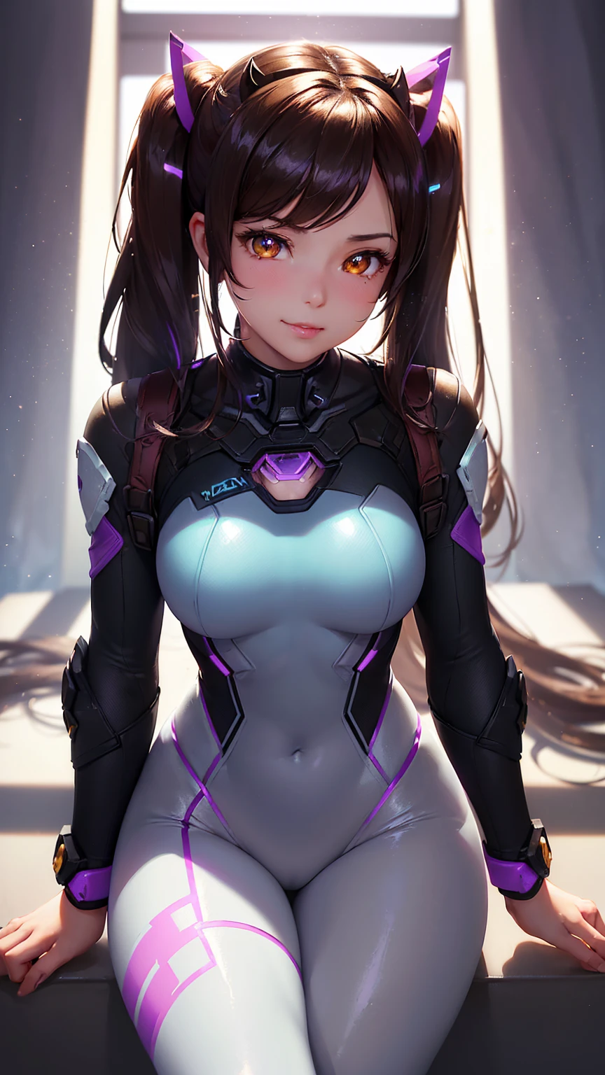 (masterpiece), (best quality), (intricate details), high resolution, visually stunning, sidelighting, (((amber eye colour which glow)), deep shadow, nothing but white background, (Dva from overwatch), (wearing a jumpsuit which is predominantly light blue, with a bit of black and purple on the sides), brown hair, heart-shaped pupils, , innocent smile, cinematic lighting, sparkle, ray tracing, backlighting, ((super shiny face)), thick thighs with skinny body, winking,