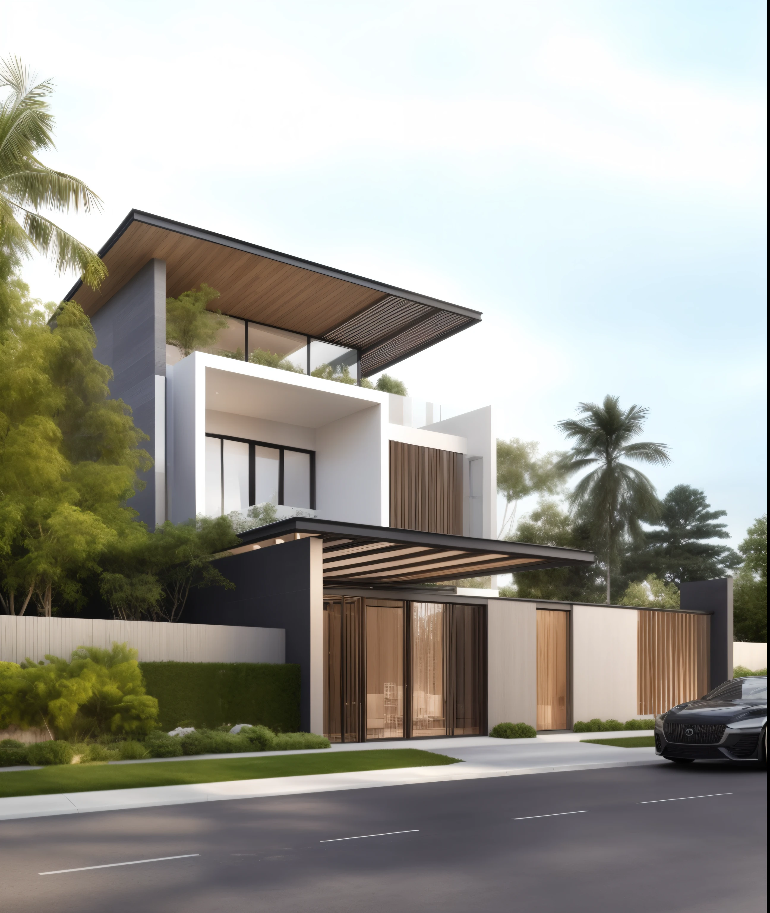 a rendering of a modern house with a car parked in front, exterior design, concept house, precise architectural rendering, contemporary house, high quality rendering, inter dimensional villa, modern style, modern architecture design, architectural rendering, overall architectural design, architectural visualization, modern house, realistic architecture, render to resolute perfection, contemporary architecture, ultra modern, architectural render, beautiful rendering