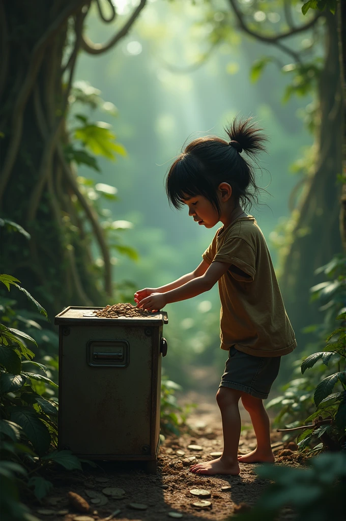 Poor girl take away coin box from jungle