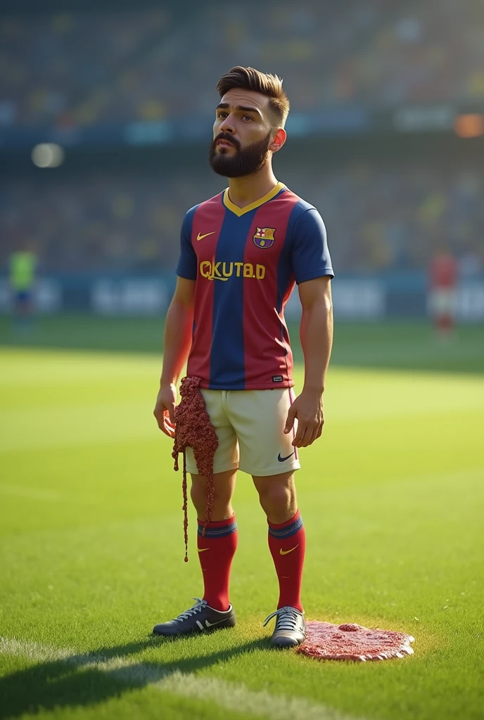 a soccer player,pee stain,Dripping to the ground