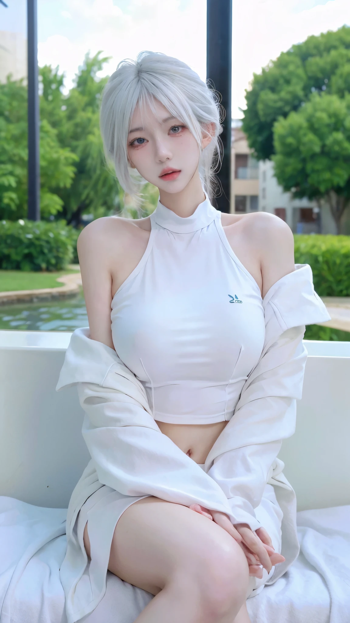 Beautiful woman with perfect figure:1.4,4K,Yoga background,Ultra-high resolution,Seductive laughter,White Legs,(Lifelike:1.4),Layered hairstyle,White skin,Yoga Clothing,whole body,Very delicate face and skin texture,Double eyelids,Skin Whitening,White hair,