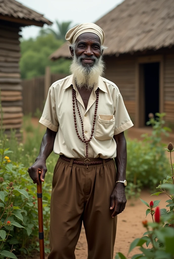 An 80 year old black African elder, a little hunchbacked, wearing brown pants and a starched white shirt, barba, White hat, walking stick and smoking a pipe, Grinning, rosary around the neck, in the background a wooden house and many medicinal herbs