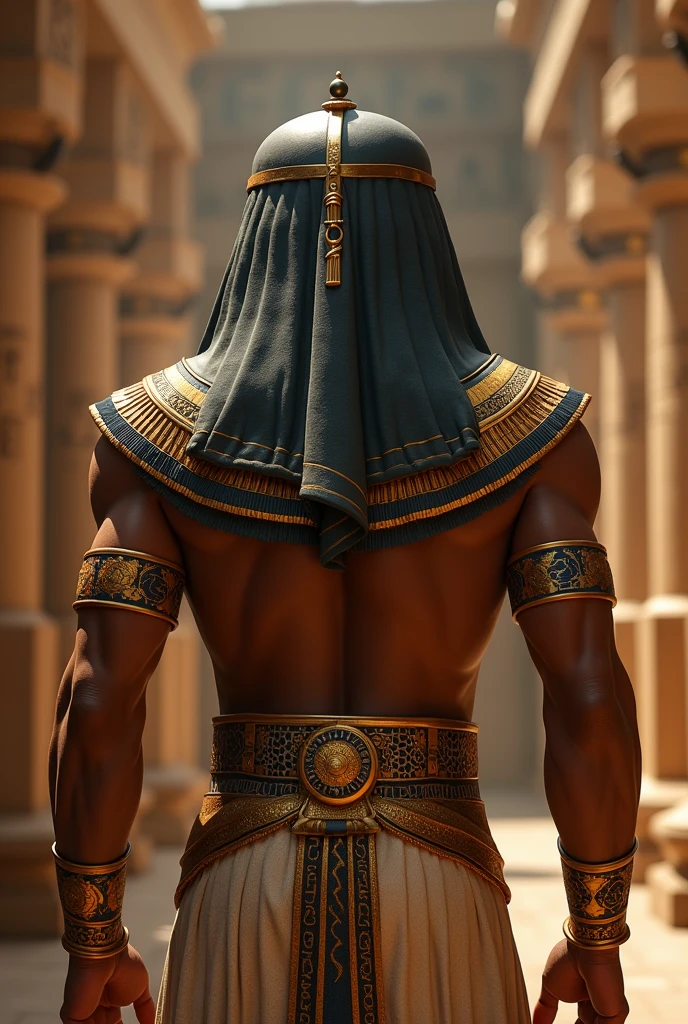 Make an Egyptian pharaoh from behind, with the image at shoulder height