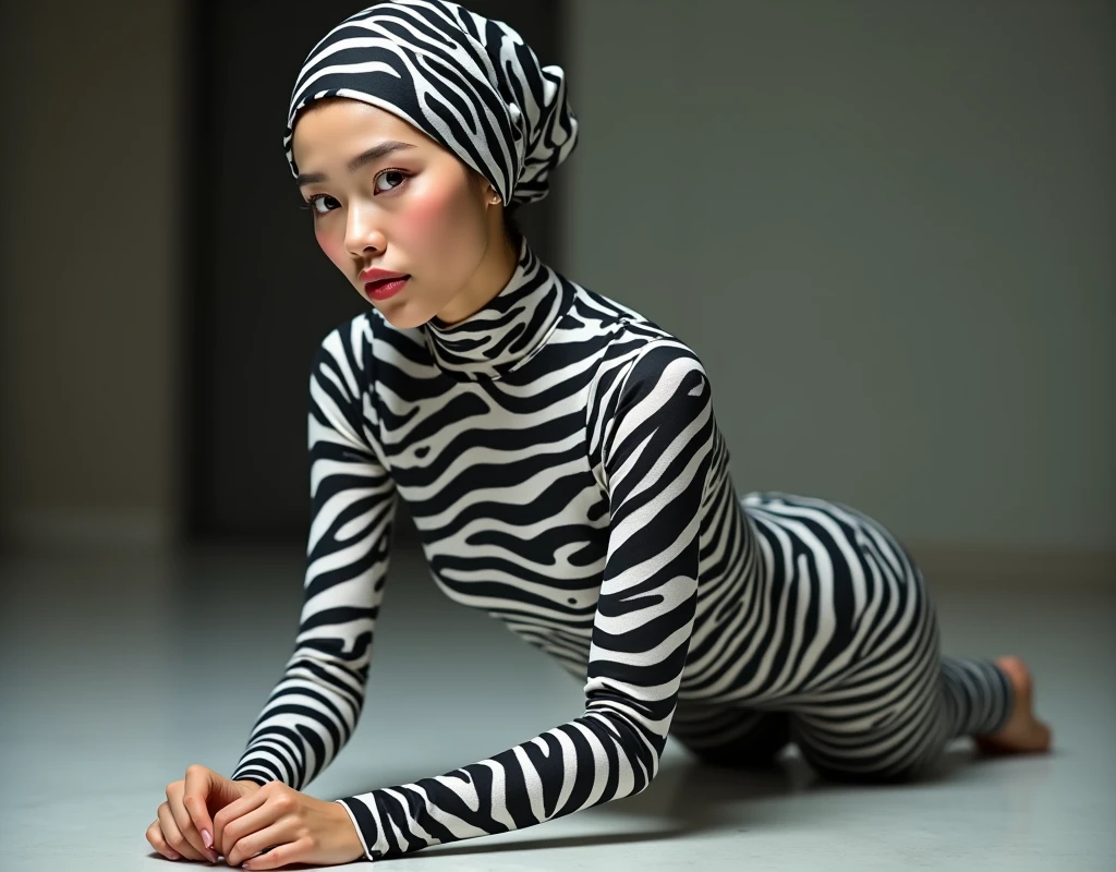 A thin and beautiful asian muslimah muslim woman with beautiful lips and beautiful cheeks wears zebra print lycra turtleneck unitard catsuit.She always wear cotton zebra print hijab.She is my favourite best beautiful teacher.She is crawling.