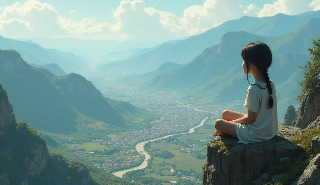 A girl seating on the height place looking under to the village, city etc