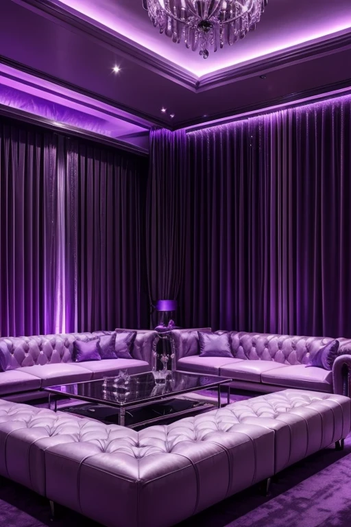 purple lighting in a room with a white sofa and a bar, well-lit purple bedroom, VIP room, virtual metaverse room, purple accent lighting, purple curtain, purple colored lighting, purple scene lighting, blue and purple lighting, a crystal clear room, gentleman's club lounge, purple leather dungeon room, cool purple lighting, with screens and silks