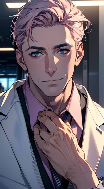 (best quality,4k,8k,highres,masterpiece:1.2),ultra-detailed,(realistic,photorealistic,photo-realistic:1.37),1 man,3,mature man,very handsome,without expression,smile,short grey pink hair,blue eyes,penetrating gaze,perfect face without errors,imposing posture,businessman,office background,cinematic lighting,hdr image