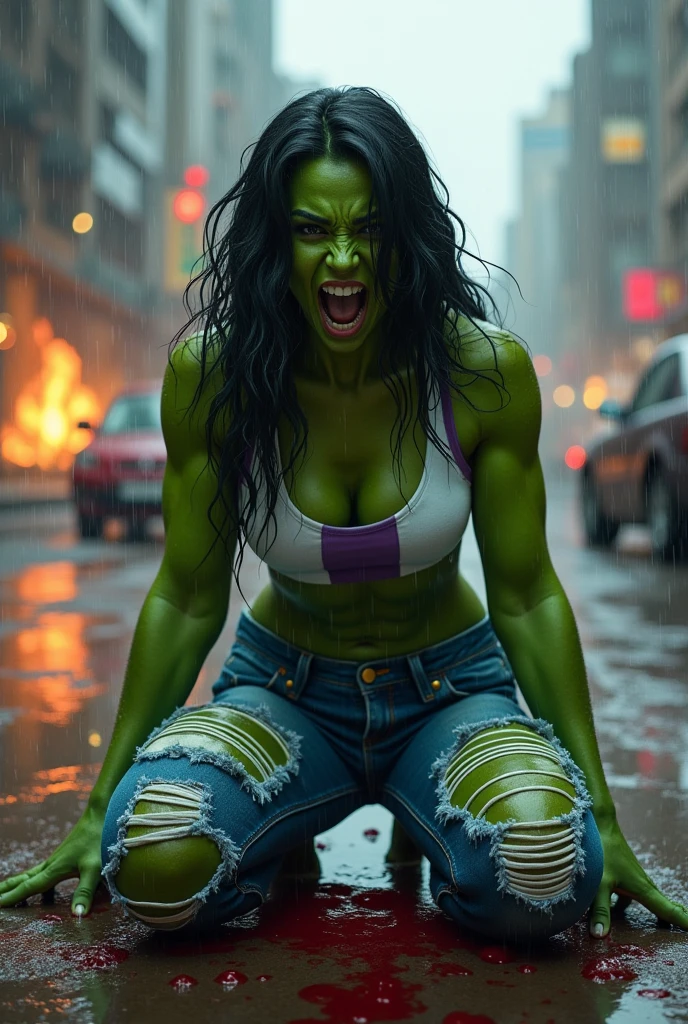 a beautiful woman (((Olive-green complexion all over his body))),(((long black hair))) Jennifer Walters aka She-Hulk in a white sports top with purple in the middle and some (((Bermuda jeans up to their knees ripped))) because of her great muscles, muscular arms and legs, on her knees, screaming exhausted after an extensive battle in an apocalyptic and rainy city, cars and buildings on fire, blood around her, strong and bloody images (((Olive green complexion all over the body))),(((Fingers of his hands without any deformity))),(((thick legs and arms due to large musculature)))