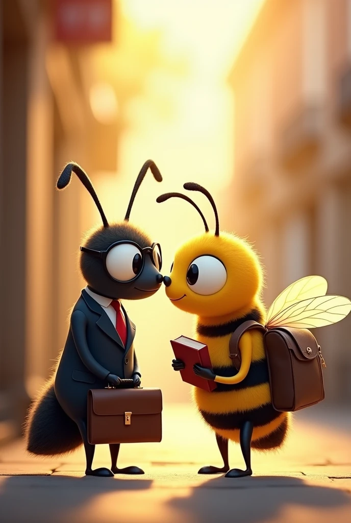 I want a picture of an ant and a bee that look in love and together. Put glasses and a briefcase on the ant, Add a backpack and a book to the bee. I want them to look very cute, with big eyes. Both animals are men