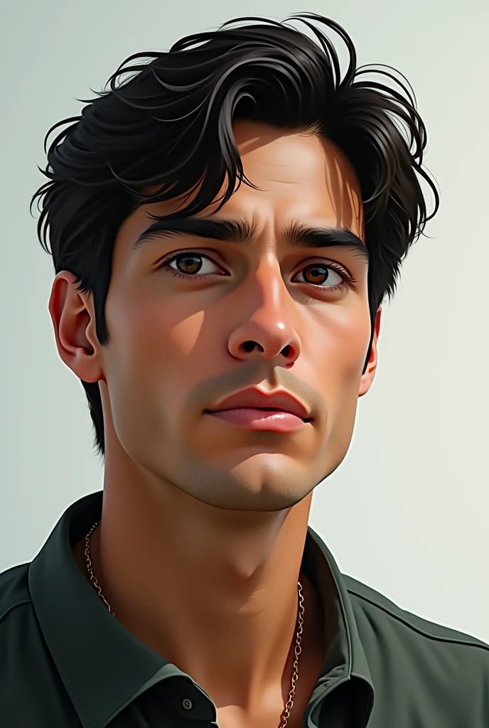 A white man of average height, triangular face, calm expression, black hair, brown eyes, medium nose and Brazilian
