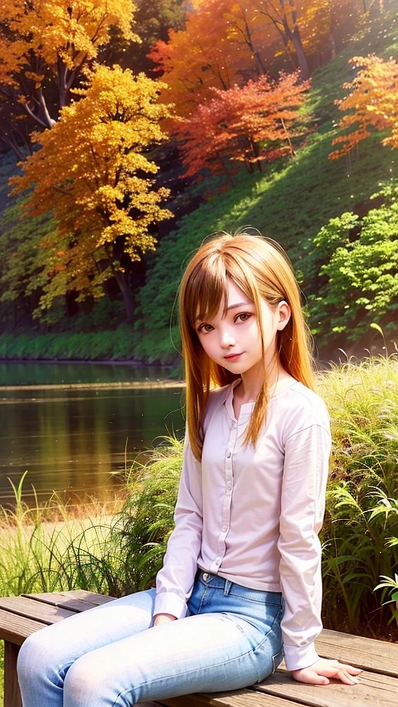 digitl art, (Kizi, rot_body hair, flowers, long jeans, white  shirt, discret smile, olhar fofo), (sitting on a bench, river on the background, golden hour time),, by Daniil Suponitskiy jpegman