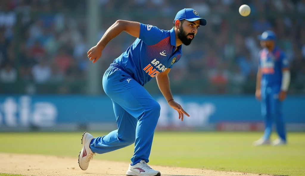 Show me a blue jersey with INDIA written on it. Cricket player Virat Kohli is bowling wearing white sneakers.,Sequence frame from behind，drop shadow, anaglyph, stereogram, tachi-e, ass pov, atmospheric perspective, 8k, super detail, best quality