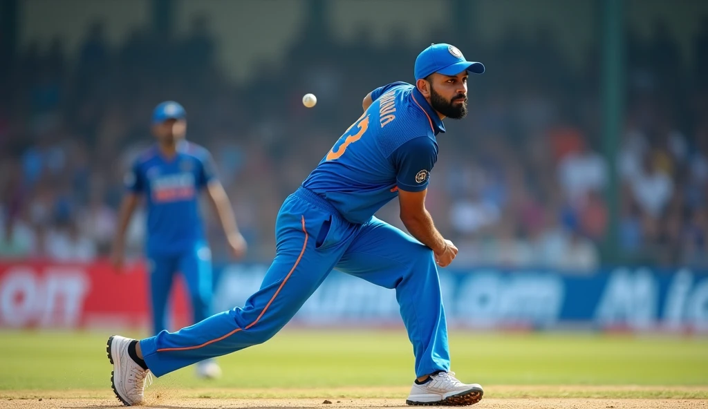 Show me a blue jersey with INDIA written on it. Cricket player Virat Kohli is bowling wearing white sneakers.,Sequence frame from behind,drop shadow, anaglyph, stereogram, tachi-e, ass pov, atmospheric perspective, 8k, super detail, best quality