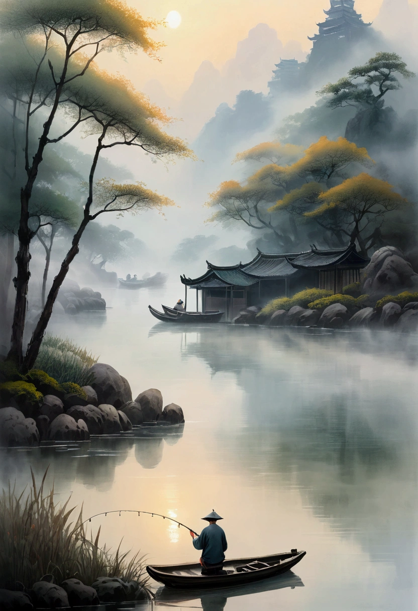 A man fishing by a tranquil river, traditional Chinese ink painting style, ethereal atmosphere, detailed brushwork, natural tones, mist and fog, calming landscape, serene pond, wooden boat, soft lighting, masterful composition, elegant simplicity, meditative mood, photorealistic, 8k, best quality