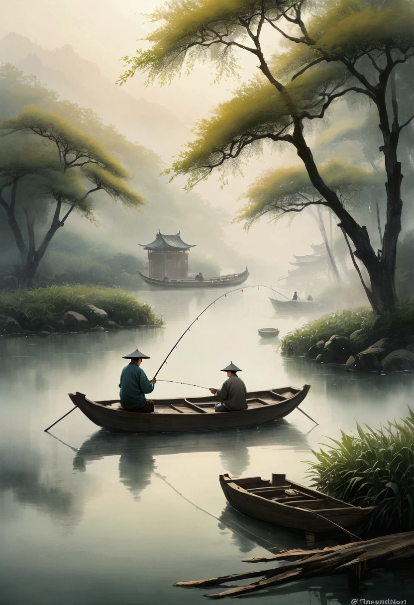 A man fishing by a tranquil river, traditional Chinese ink painting style, ethereal atmosphere, detailed brushwork, natural tones, mist and fog, calming landscape, serene pond, wooden boat, soft lighting, masterful composition, elegant simplicity, meditative mood, photorealistic, 8k, best quality
