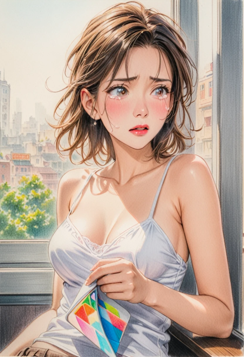 woman,Short camisole,white,art,advertisement,Colored pencil drawing,shape ,Tears flowing
