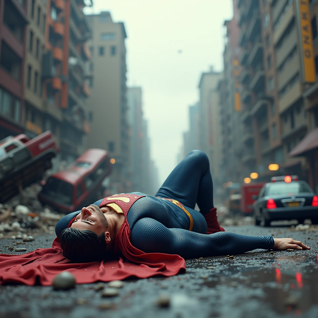 Create an image of a superhero, resembling Superman, lying on the ground in a defeated pose amidst a scene of urban destruction with overturned and damaged vehicles around.
