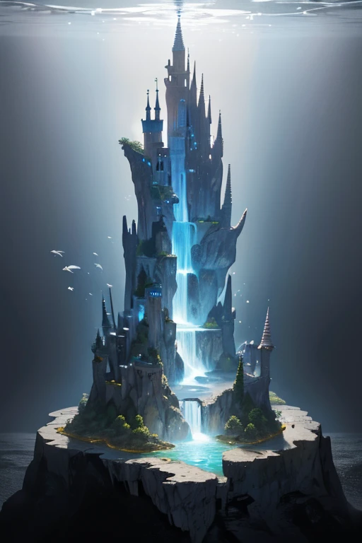 Dry Sea, Galaxy Sand, A transparent and translucent ancient castle with complex shapes in the style of the Northern Renaissance, Cylindrical waterfall, A small fish swimming in the air, Black and white coral, Mysterious Island Scenery Carved by God, Conceptual installation art, 2.5D, delicate and dynamic, Rainbow sunshine effect
