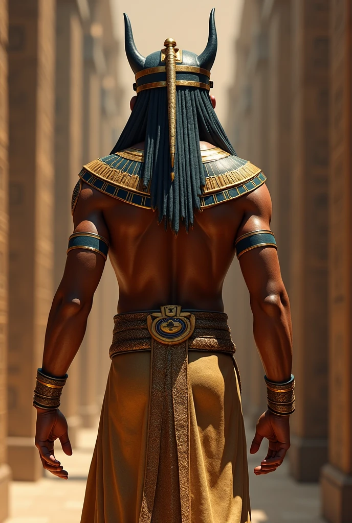 Make an Egyptian pharaoh from behind, with the image at shoulder height