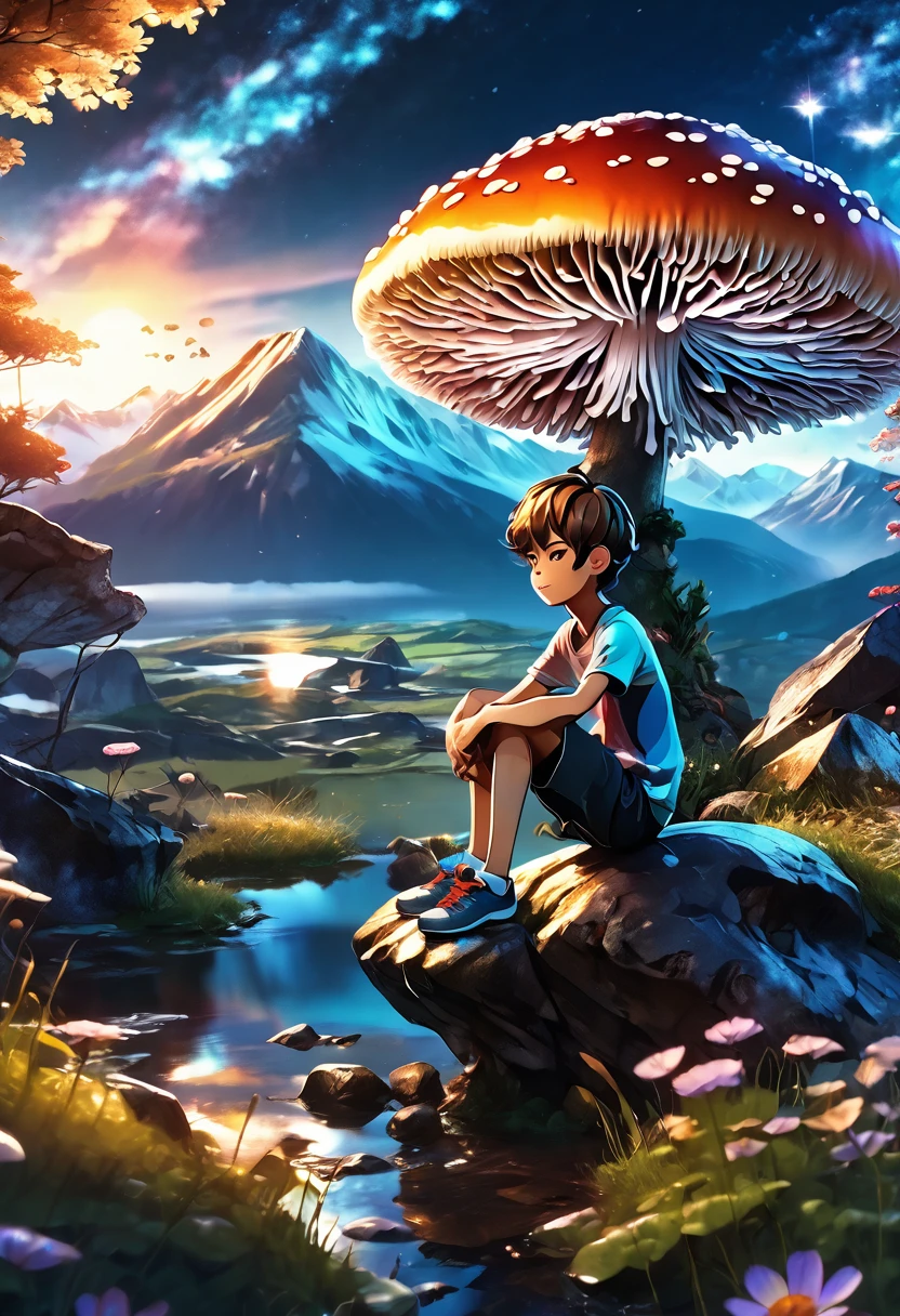 1boy, sitting on a rock, landscape view, abstract landscape, shining mushroom, shining flower, anime graphics, intricate, detailed, masterpiece, 8k