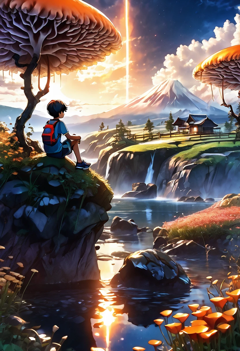 1boy, sitting on a rock, landscape view, abstract landscape, shining mushroom, shining flower, anime graphics, intricate, detailed, masterpiece, 8k