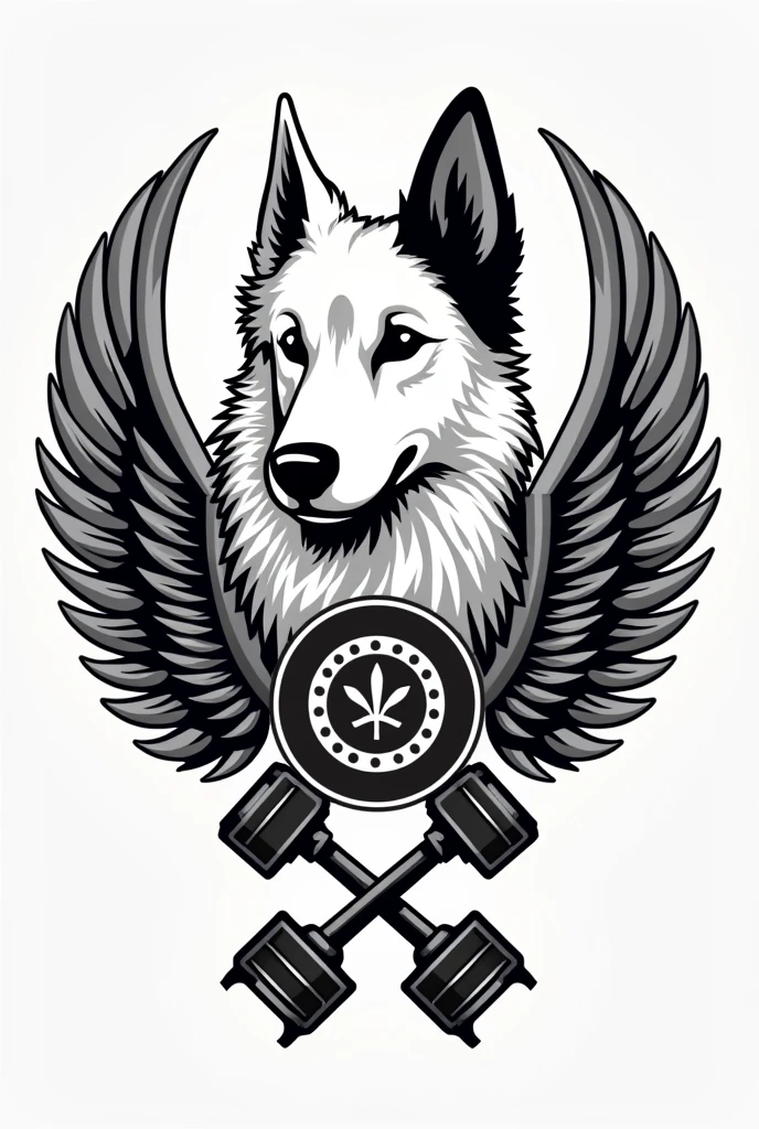 I need a coat of arms for a motorcycle club with a white border colie dog with a black left ear and a badge in the middle but only his bust, with small wings coming out from behind him on the sides, and two crossed pistons coming out of the bottom of the dog&#39;s head