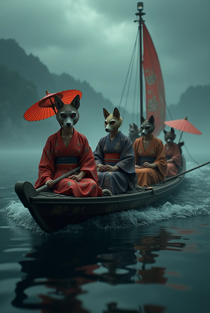 Japanese people wearing kitsune masks and kimono on a boat with umbrella in cold and dark weather.