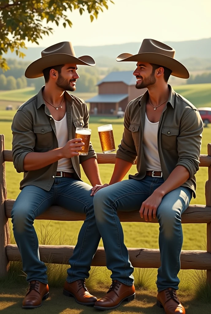 2 handsome cute attractive cowboy man sitting on a farm drinking beer