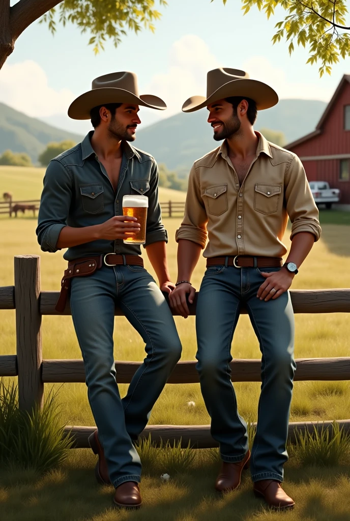 2 handsome cute attractive cowboy man sitting on a farm drinking beer