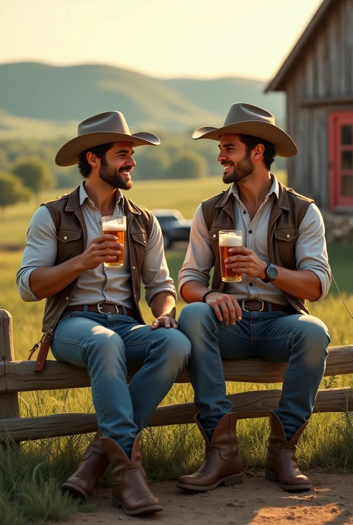 2 handsome cute attractive cowboy man sitting on a farm drinking beer
