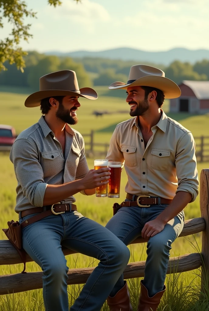 2 handsome cute attractive cowboy man sitting on a farm drinking beer young cute without beard without shirt the other has short beard and wears arrayas shirt handsome attractive man boyfriends young and adult